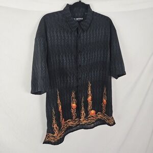 Mens Large Flaming Skulls Shirt Y2K Button-Up Vintage Box Office Island